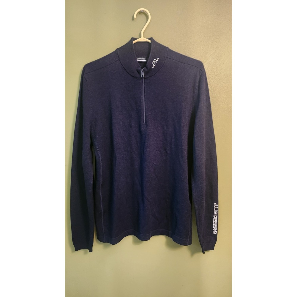 J LINDEBERG GOLF  Navy Blu MEN'S ZAM 1/4 ZIP SWEATER  TOP SIZE LG 100% Merino Wo